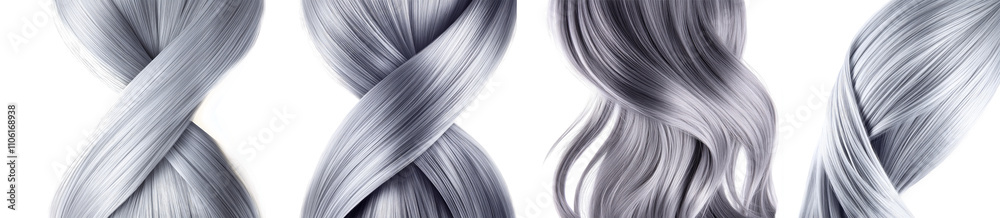 Naklejka premium Lock of female silver grey hair, hair sample set isolated Png, transparent without background.