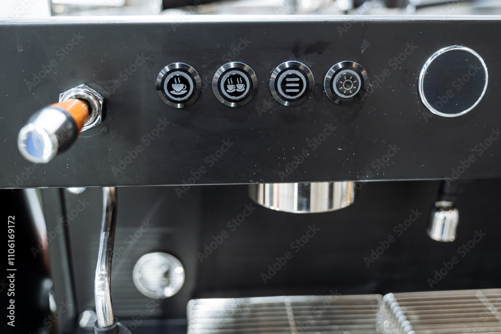 This image showcases a detailed closeup view of a coffee machine, prominently featuring its various buttons and controls, designed for making delicious coffee at home or in the office This image showcases a detailed closeup view of a coffee machine, prominently featuring its various buttons and controls, designed for making delicious coffee at home or in the office