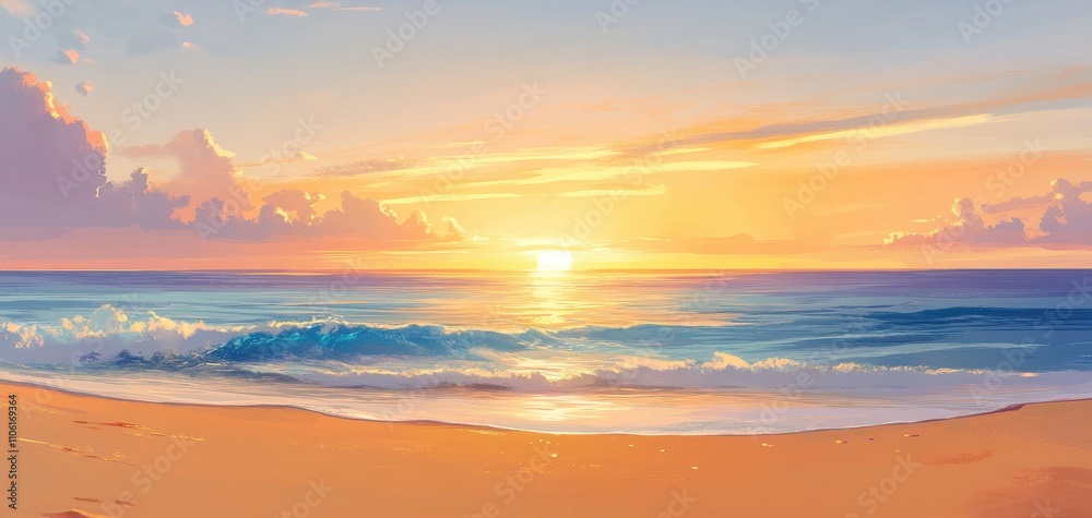 Tranquil Beach Sunrise with Soft Waves and Colorful Sky Over the Ocean, Perfect for Summer Vibes and Relaxation Themes in Scenic Backgrounds Tranquil Beach Sunrise with Soft Waves and Colorful Sky Over the Ocean, Perfect for Summer Vibes and Relaxation Themes in Scenic Backgrounds