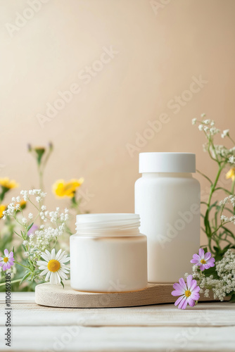 Wallpaper Mural Cosmetic jars with flowers on wooden board, soft light, organic skincare Torontodigital.ca