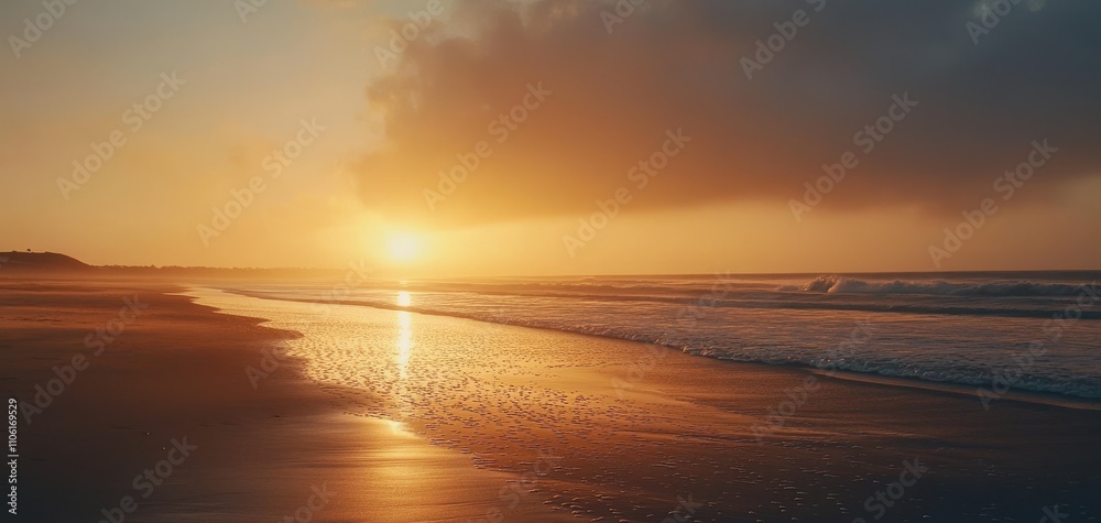 Tranquil Sunset Over Serene Beach with Gentle Waves and Warm Golden Light Reflecting on Wet Sand during a Peaceful Evening in Nature Tranquil Sunset Over Serene Beach with Gentle Waves and Warm Golden Light Reflecting on Wet Sand during a Peaceful Evening in Nature