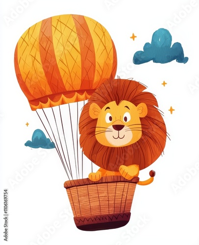 A baby lion flying in a hot air balloon depicted in watercolor.