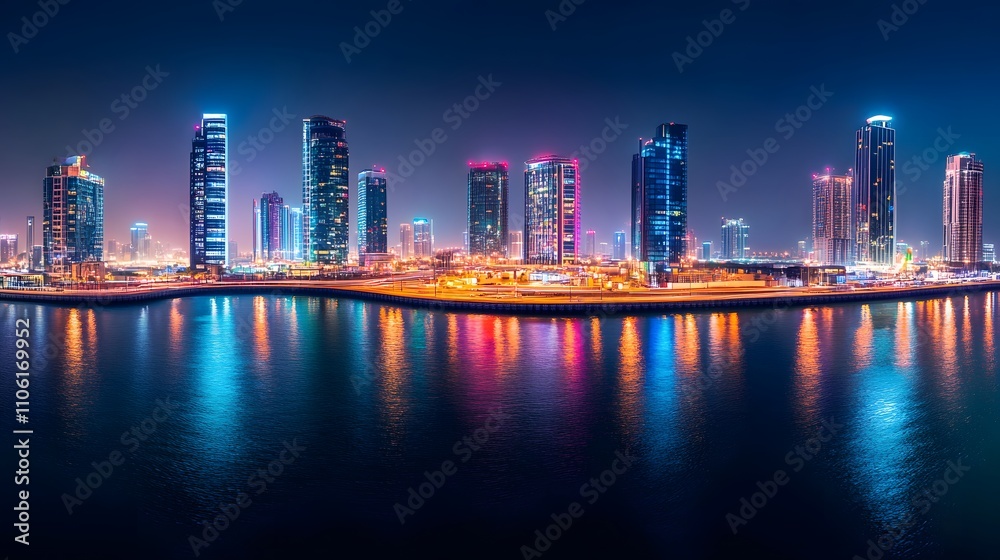 Fototapeta premium Nighttime Cityscape Illuminates Waterfront Skyline