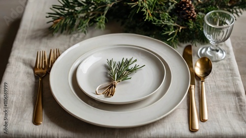 AI GENERATE, Minimalist holiday table setting with ceramic plates, linen napkins, and greenery.