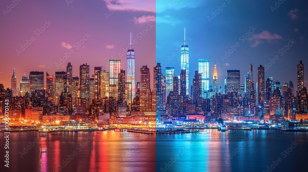 Obraz premium Captivating new york city skyline transformation night and day urban photography vibrant colors panoramic view cityscape art