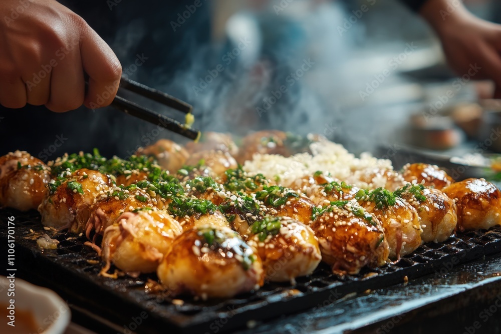 Fototapeta premium Takoyaki: Traditional Japanese Octopus Balls, Osaka Street Food Delicacy