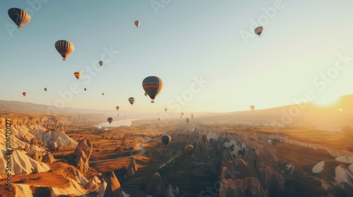 Hot air balloons flying over mountain at sunrise