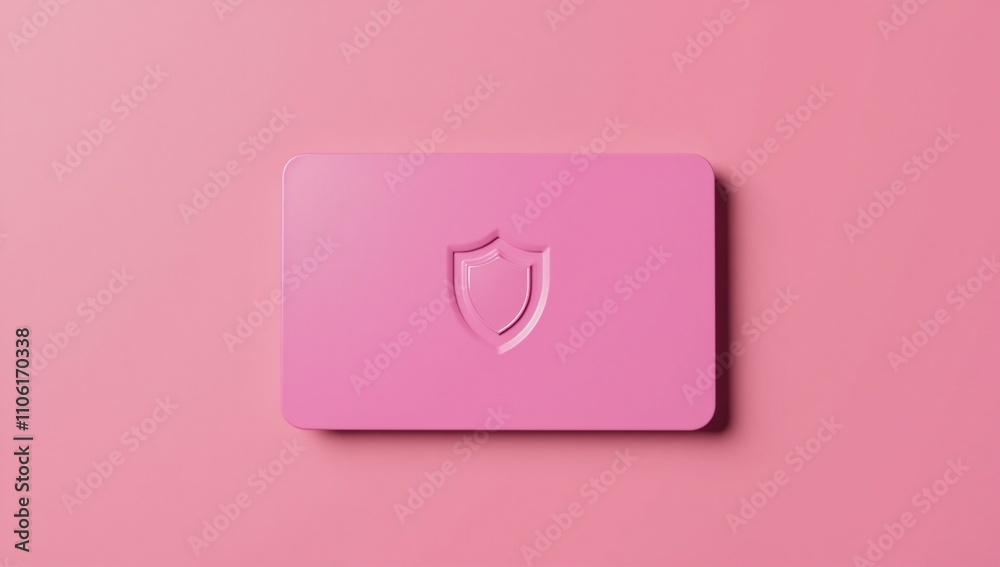 A pink credit card with shield symbol on pink backdrop highlights themes of security and protection A pink credit card with shield symbol on pink backdrop highlights themes of security and protection