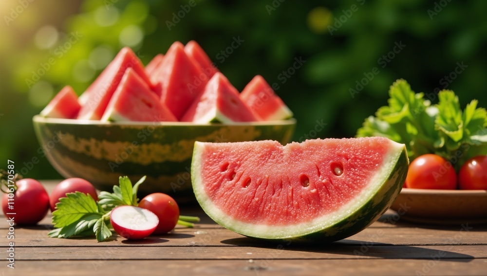 A vibrant and refreshing slice of juicy watermelon on a rustic outdoor table in a verdant summer garden A vibrant and refreshing slice of juicy watermelon on a rustic outdoor table in a verdant summer garden