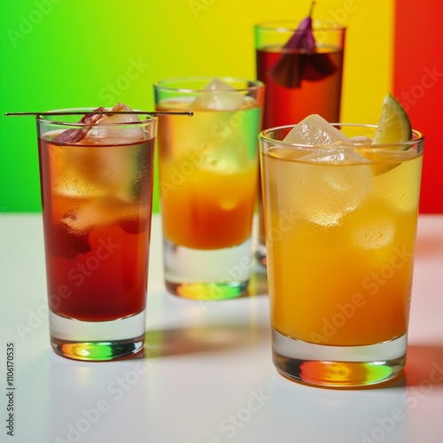 Bright background with glasses of colorful cocktails displayed