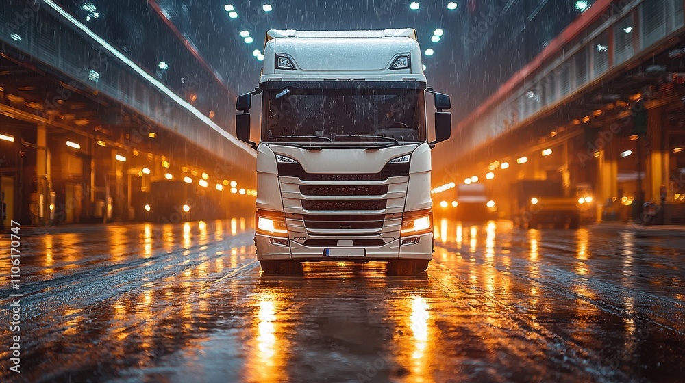 Heavy truck parked in a dimly lit warehouse during rain, reflecting vibrant lights on wet pavement