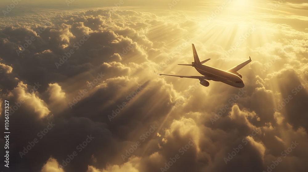 An airplane soaring above the clouds during a golden sunset, capturing the essence of travel. An airplane soaring above the clouds during a golden sunset, capturing the essence of travel.
