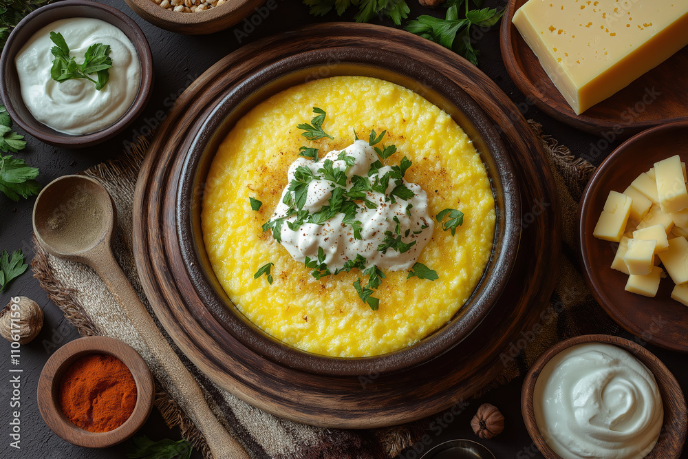 Rustic Mămăligă with Sour Cream, Parsley, and Cheese Garnish Rustic Mămăligă with Sour Cream, Parsley, and Cheese Garnish