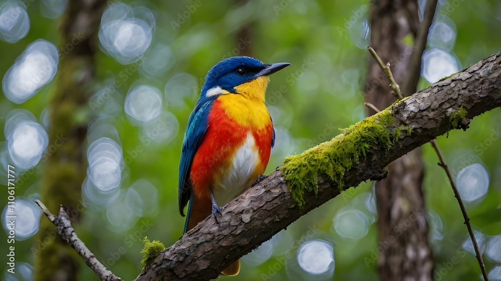 A nice, colorful bird sits on a branch of a tree in the forest. A nice, colorful bird sits on a branch of a tree in the forest.