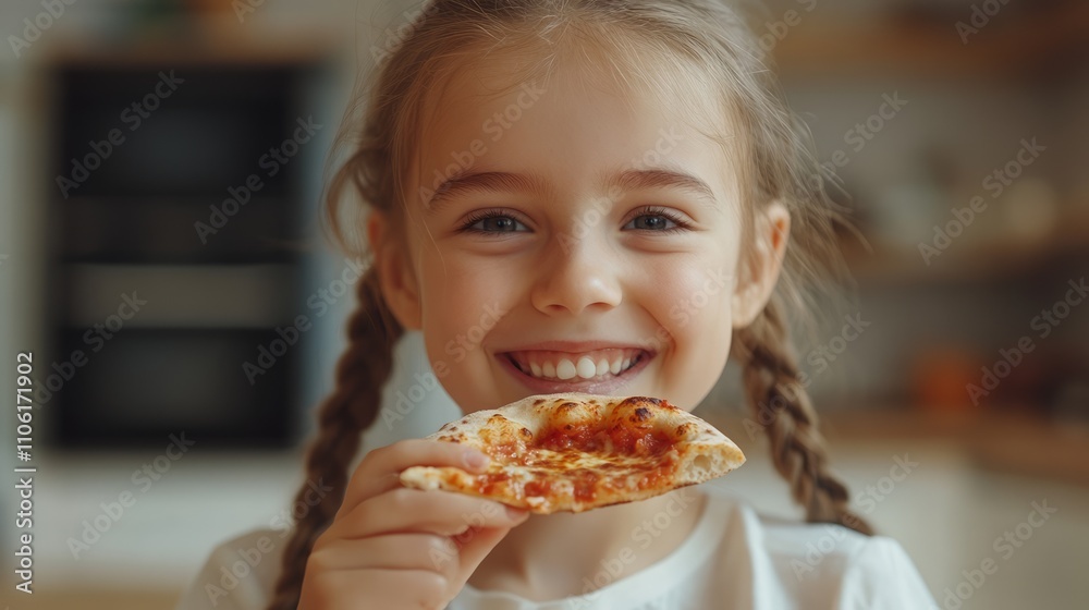 Happy little girl smiles while eating pizza slice. Happy little girl smiles while eating pizza slice.