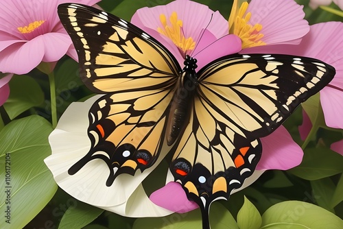 A close-up of a butterfly resting on a flower petal, symbolizing the sacred beauty of all creatures and the attention to lifeâ€™s details in pantheism, capturing elegance and fragility Generative AI 