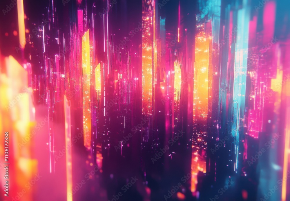 Vibrant Abstract Digital Landscape with Colorful Vertical Structures Illuminating in Vivid Shades of Pink, Orange, and Blue Creating a Futuristic Atmosphere Vibrant Abstract Digital Landscape with Colorful Vertical Structures Illuminating in Vivid Shades of Pink, Orange, and Blue Creating a Futuristic Atmosphere