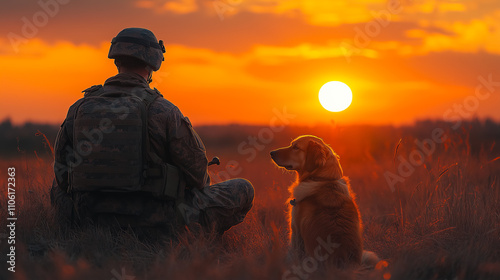 Soldier reflects with loyal dog during sunset in a serene landscape. Generative AI