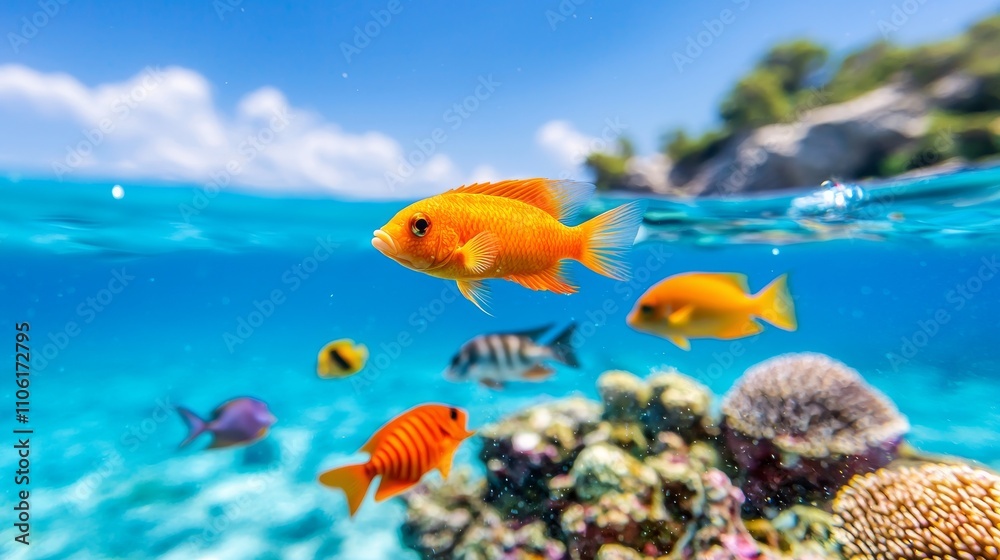 Fototapeta premium The Gulf of Mexico's vivid blue waters teem with marine life, showcasing majestic groupers and rainbow-hued fish.
