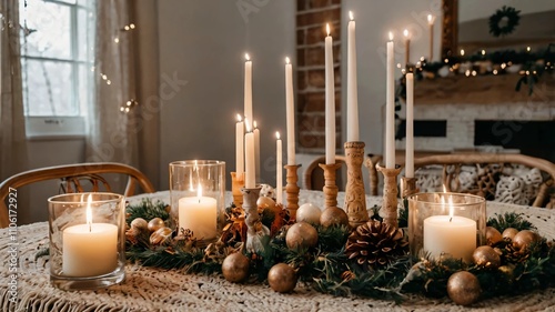 AI GENERATE, A boho Christmas decor setup with macrame ornaments, dried flowers, and soft candles