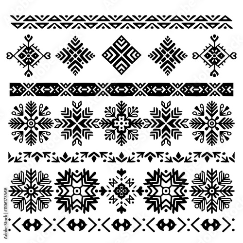 Black and White Scandinavian Folk Border Patterns Vector Set