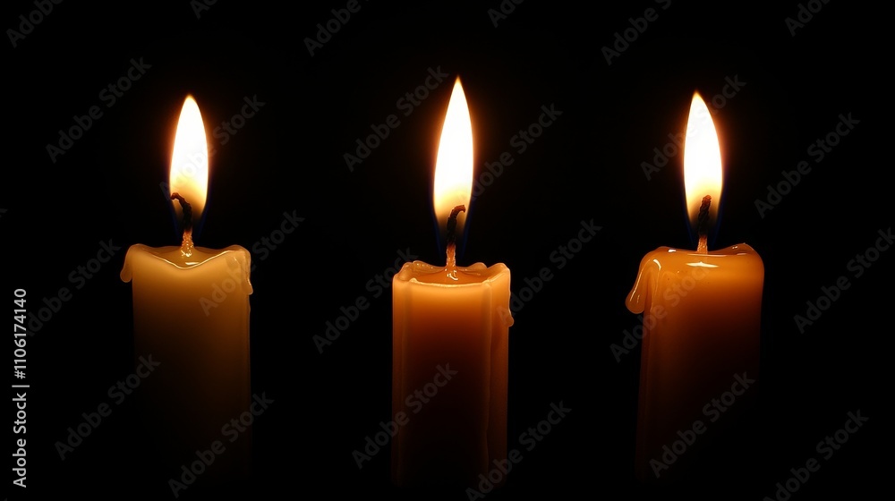 Three candles lit against a dark background creating a warm glow Three candles lit against a dark background creating a warm glow