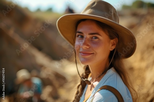 portrait of a young smiling archaeologist girl in a hat, archaeological excavations, copy space, free space for text photo