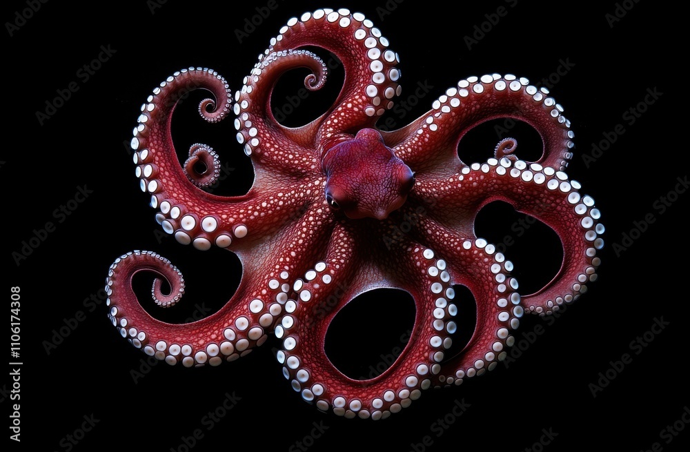 Vibrant Red Octopus with Distinctive Arms and Suckers Displayed Against a Dark Background Highlighting Intricate Details of Marine Life Vibrant Red Octopus with Distinctive Arms and Suckers Displayed Against a Dark Background Highlighting Intricate Details of Marine Life