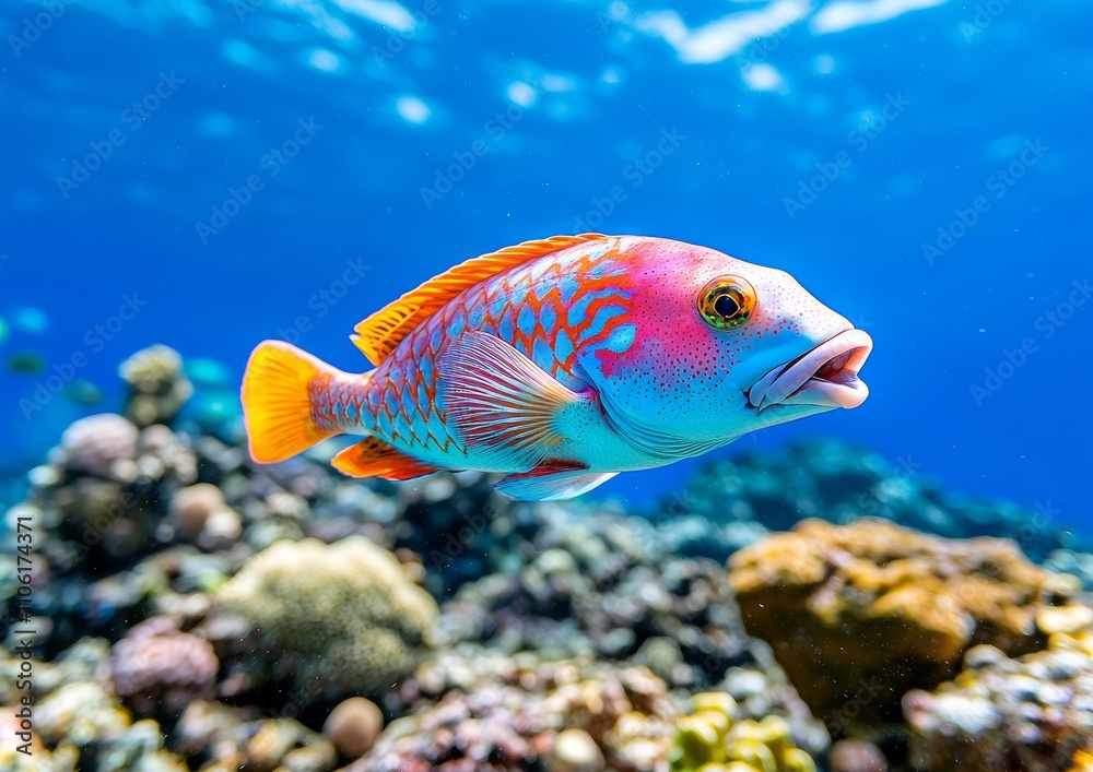 Naklejka premium Lively Emperor Fish glide elegantly through transparent ocean waters, encircled by vibrant coral reefs.