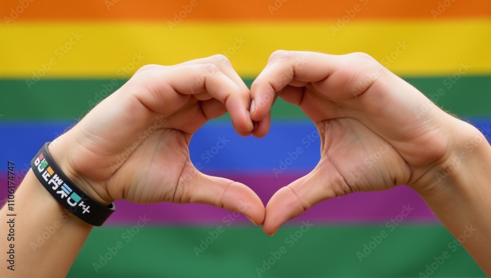 Obraz premium Making a heart sign using a Gay Pride Month themed rainbow flag wristband