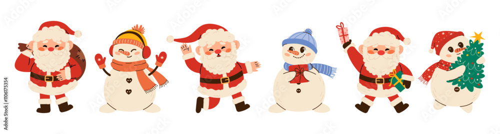 Set of various Cute snowman and Santa Claus illustration in children's style on New Year's theme. Snowman in a hat, mittens scarf and headphones.Cute Santa Clauses in different poses. Flat vector Set of various Cute snowman and Santa Claus illustration in children's style on New Year's theme. Snowman in a hat, mittens scarf and headphones.Cute Santa Clauses in different poses. Flat vector