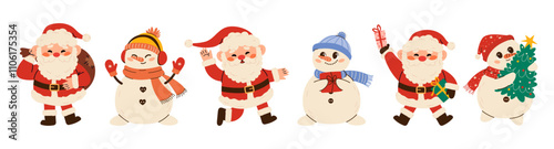 Set of various Cute snowman and Santa Claus illustration in children's style on New Year's theme. Snowman in a hat, mittens scarf and headphones.Cute Santa Clauses in different poses. Flat vector 