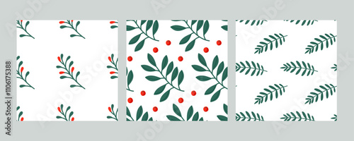 Colorful botanical patterns featuring red berries and green leaves on a light background
