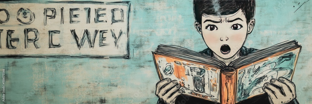Obraz premium A boy reading a comic book with an expression of surprise, set against a textured background.