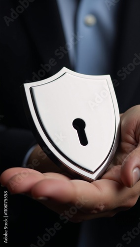 Digital illustration features a glossy shield-lock emblem of securityprotection being cradled by an outstretched hand implying safety across virtual or real worlds photo