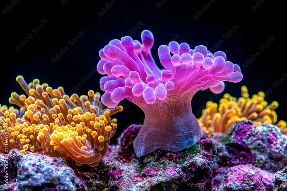 Fototapeta premium Vibrant corals flourish below the water's surface, displaying elaborate patterns and bright colors in a peaceful tropical underwater environment.