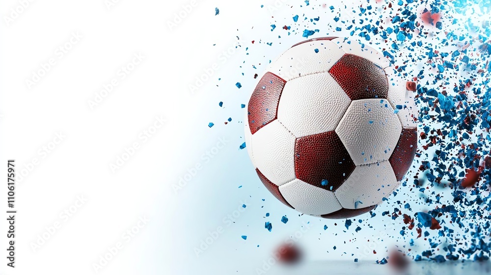 Naklejka premium Dynamic soccer ball in motion surrounded by colorful splashes. Perfect for sports-themed designs, promotions, or events, conveying energy and excitement.