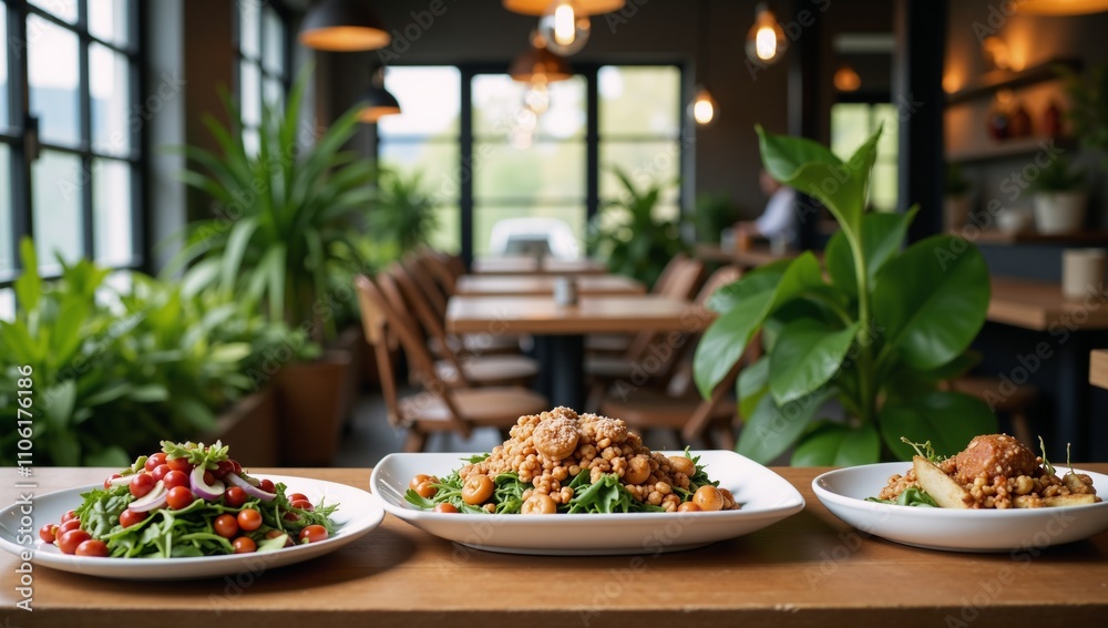 Stylish Vegan Restaurant featuring a lush eco-friendly atmosphere serving healthy beautiful dishes