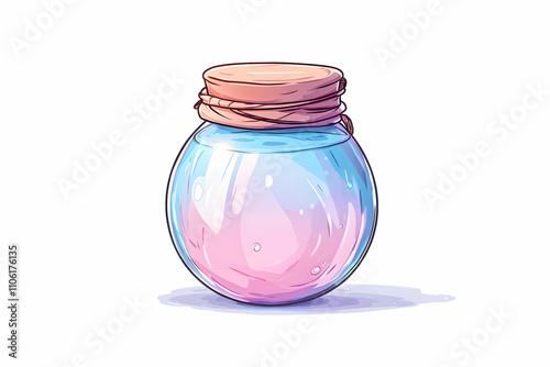 Glass jar filled with colorful liquid blending shades of pink and blue, topped with a rustic wooden lid, perfect for creative projects and artistic designs photo