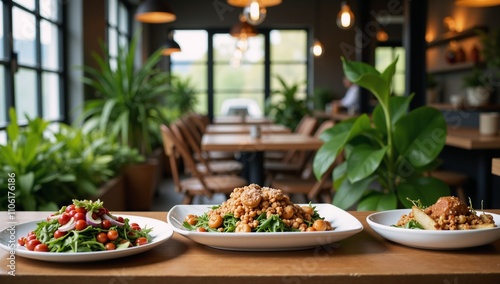 Stylish Vegan Restaurant featuring a lush eco-friendly atmosphere serving healthy beautiful dishes photo