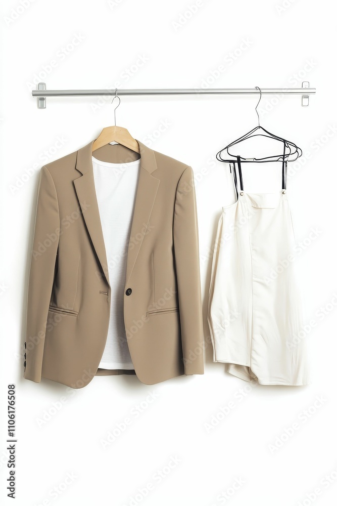 Beige blazer, white shirt, and off-white dress hang on a Beige blazer, white shirt, and off-white dress hang on a
