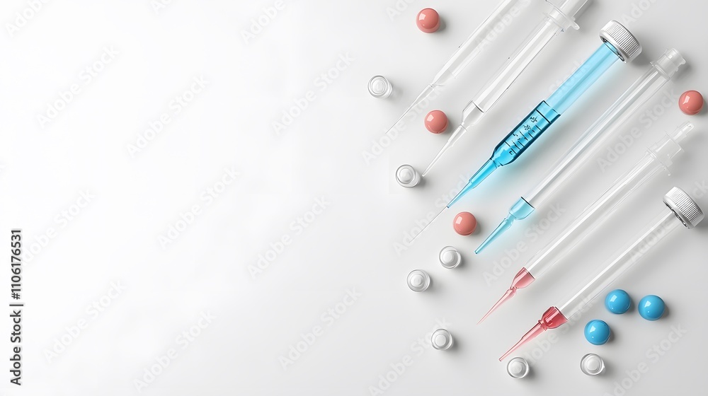 A precise arrangement of glass pipettes and burettes on a flat, reflective white background. A precise arrangement of glass pipettes and burettes on a flat, reflective white background.