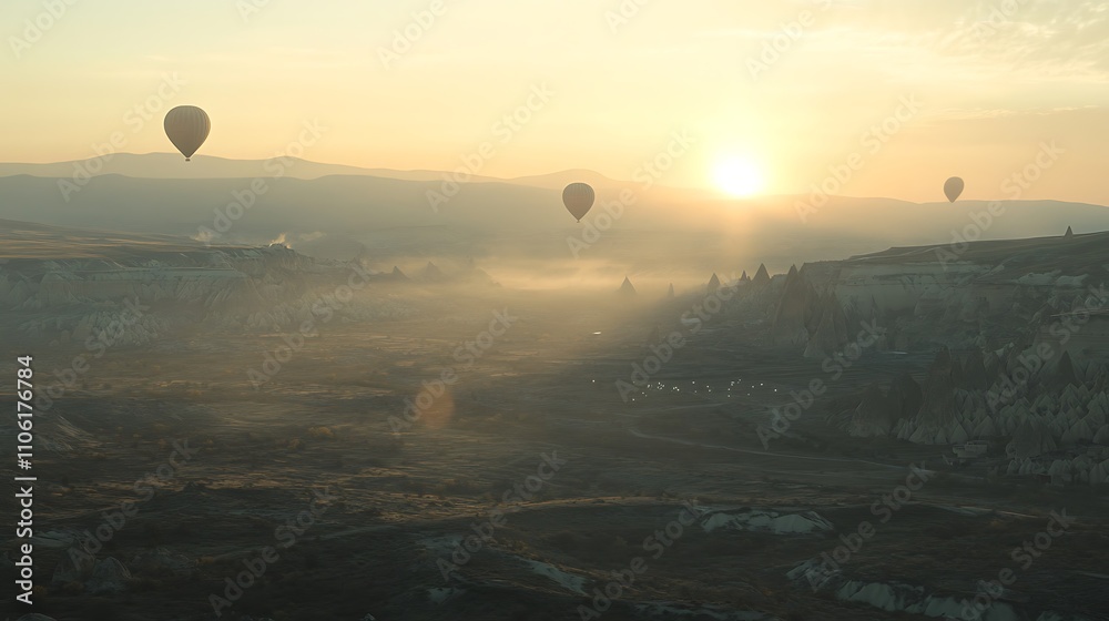 Hot Air Balloons Soaring Over Cappadocia At Sunrise Hot Air Balloons Soaring Over Cappadocia At Sunrise