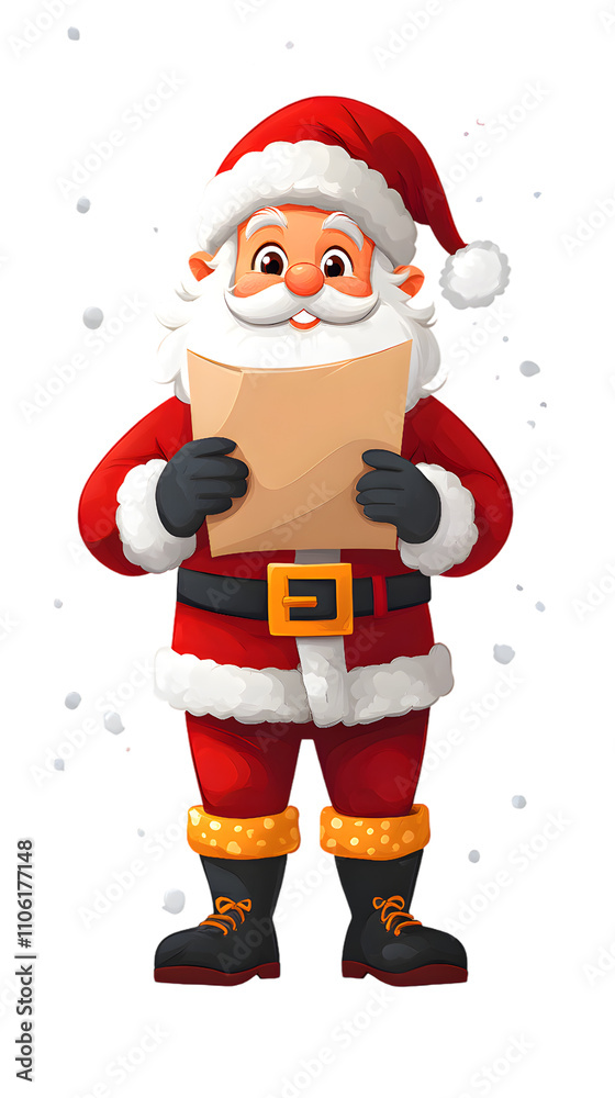 Santa Claus holding a paper wish list isolated on transparent background Santa Claus holding a paper wish list isolated on transparent background