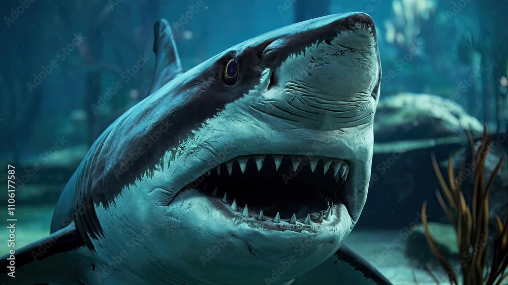 Naklejka premium Exploring the Majestic Great White Shark: Anatomy Behavior and Conservation Efforts in Marine Ecosystems