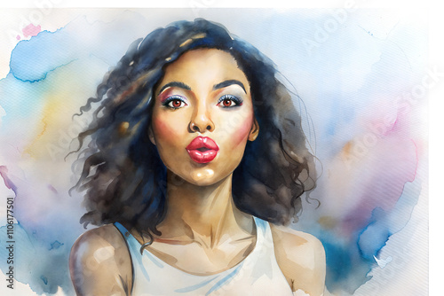 Watercolor illustration of a young woman in white t-shirt blowing a kiss, artistic expression
