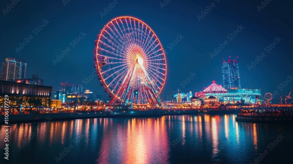 Illuminated Ferris wheel at night reflecting on calm water, cityscape backdrop. Illuminated Ferris wheel at night reflecting on calm water, cityscape backdrop.