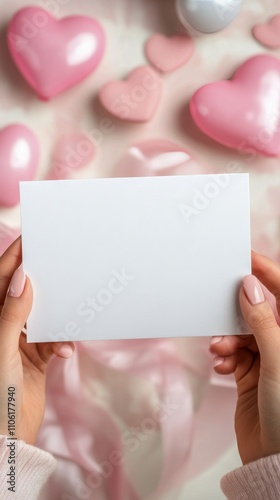 Hands holding a blank card above decorative hearts on a soft pink background
