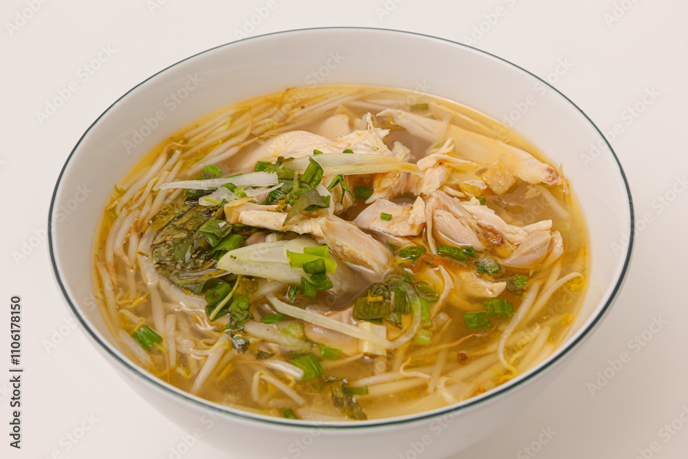 Mien Ga, Chicken cellophane noodles soup, Vietnamese food isolated on white background, close-up view Mien Ga, Chicken cellophane noodles soup, Vietnamese food isolated on white background, close-up view