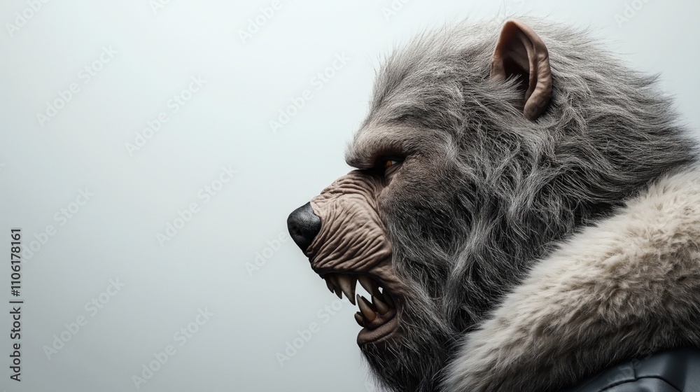 Side profile of a werewolf creature with detailed fur and sharp teeth against a neutral background